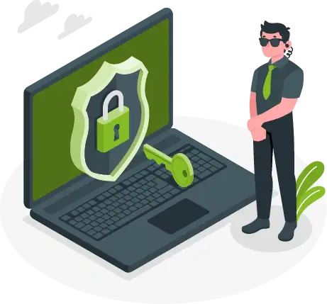 Illustration von IT Sicherheit mit Laptop, Schloss und Sicherheitsmitarbeiter